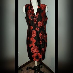 Red and Black Floral Formal Dress with Ruffled Neckline Jessica Howard size 12
